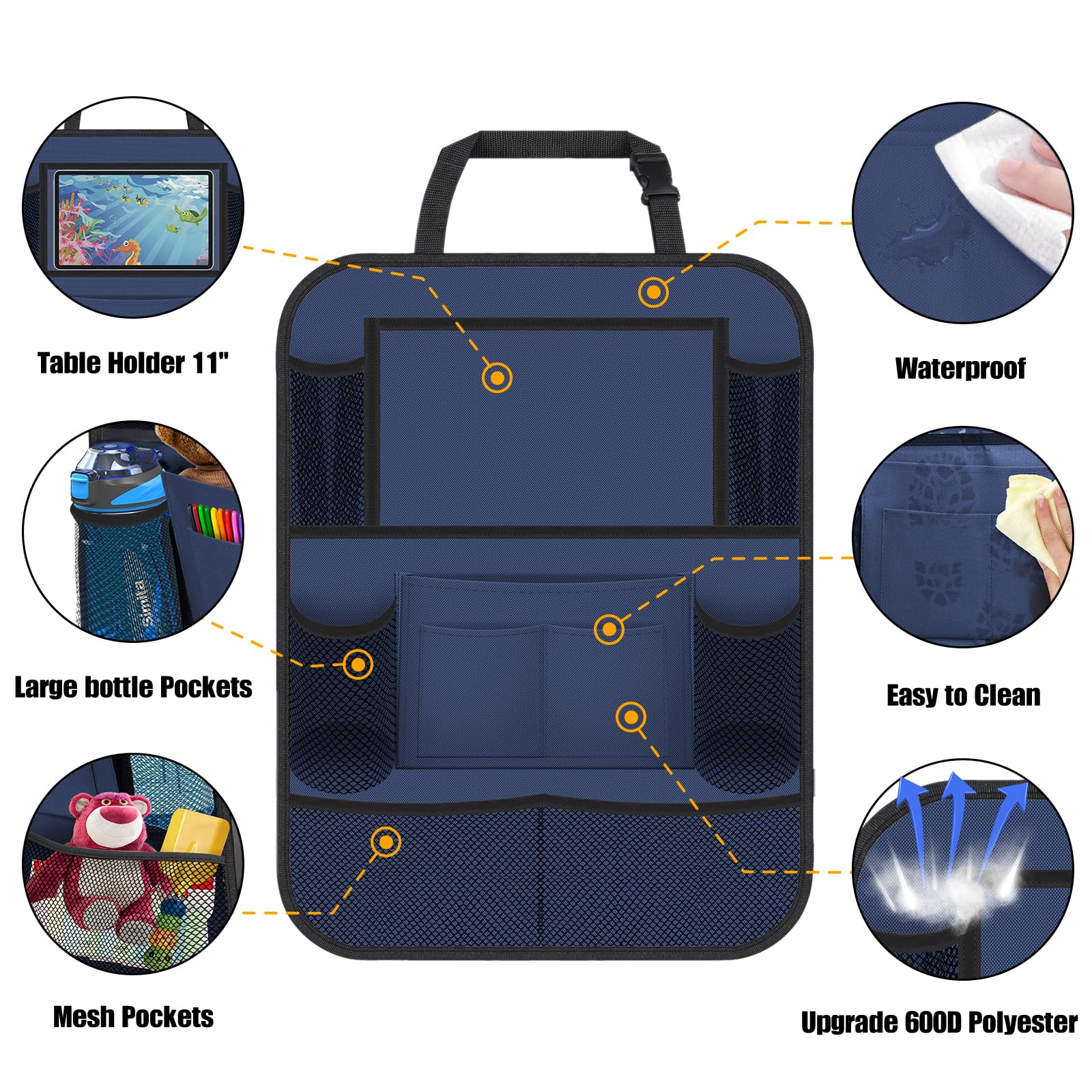 ULEEKA car seat organizer with multiple pockets stores drinks, toys, and books.