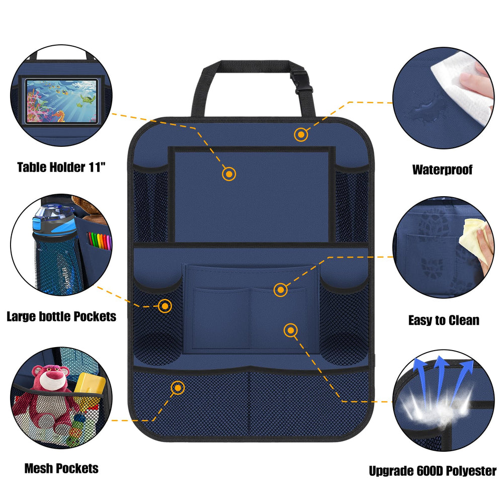 ULEEKA car seat organizer with multiple pockets stores drinks, toys, and books.