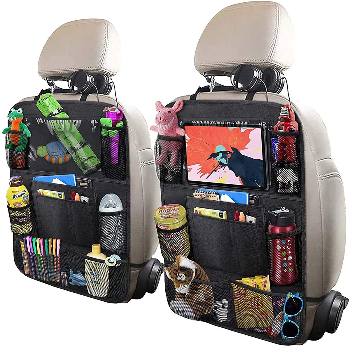 ULEEKA car backseat organizer with table holder keeps tablets and drinks within easy reach.