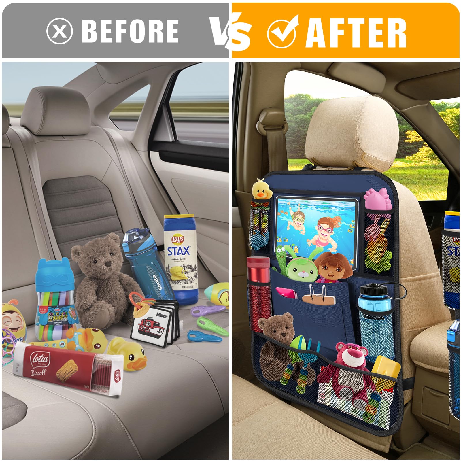 ULEEKA blue kick mats protect seat backs from spills and muddy footprints.