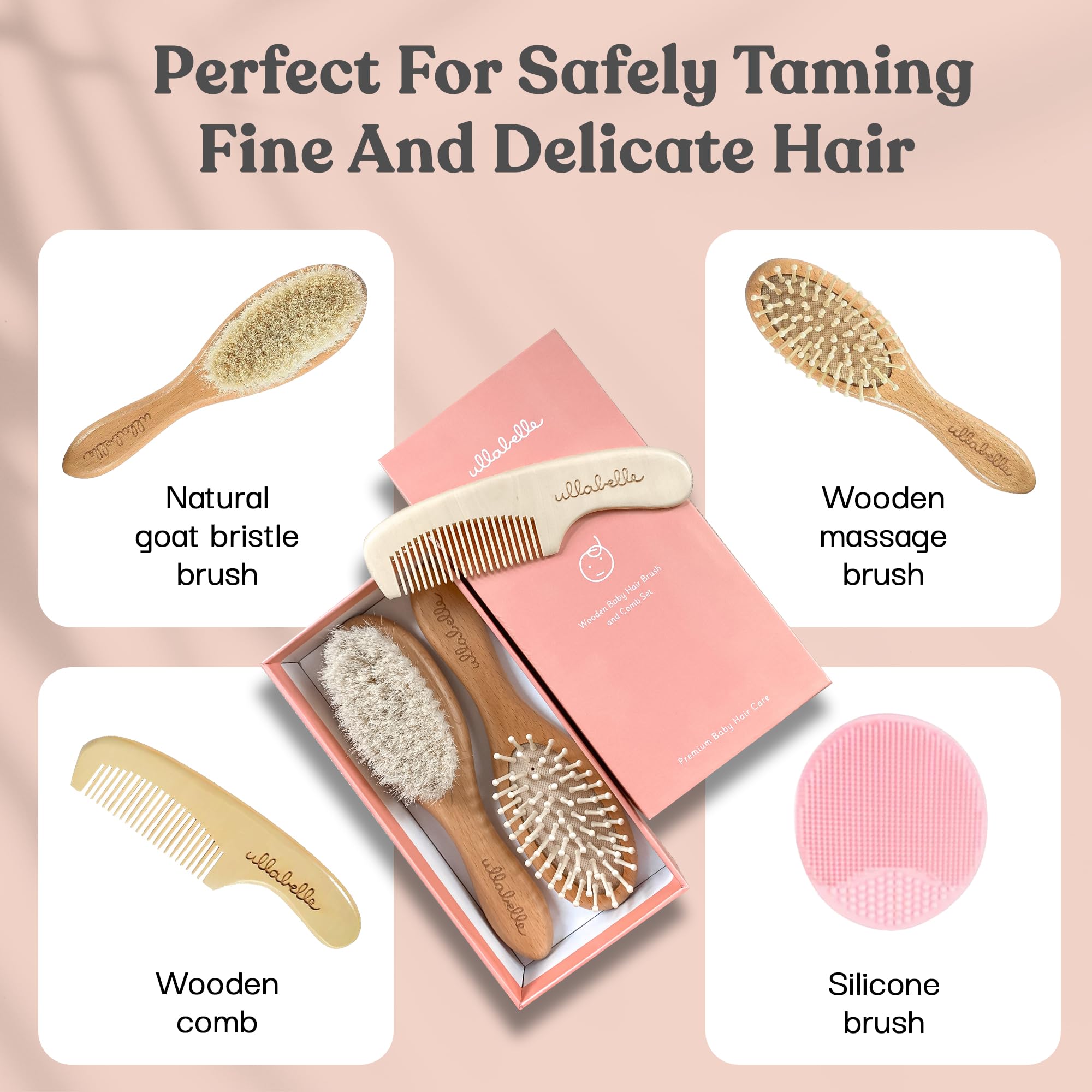 Close-up of Ullabelle goat hair bristles for gentle brushing.