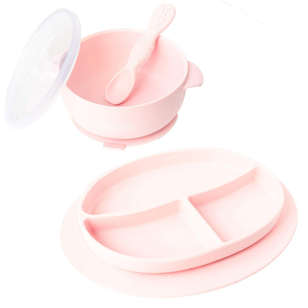 Ullabelle pink toddler plates and bowls front view for mess-free meals.