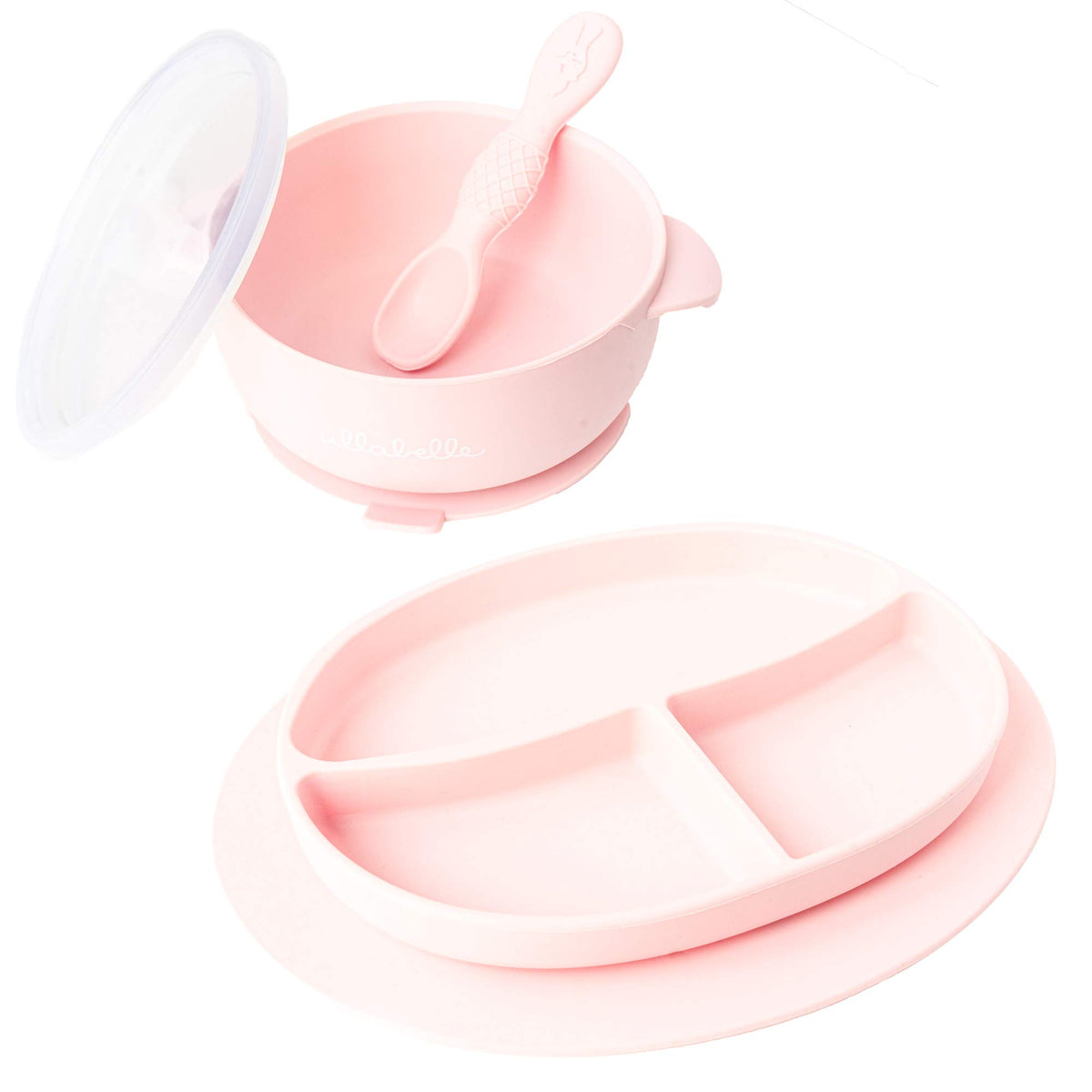 Ullabelle pink toddler plates and bowls front view for mess-free meals.