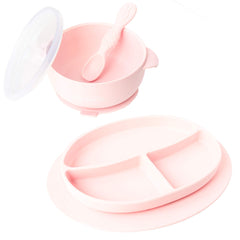 Ullabelle pink toddler plates and bowls front view for mess-free meals.
