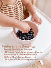 Ullabelle pink suction-base plate stabilizes meals to reduce spills.