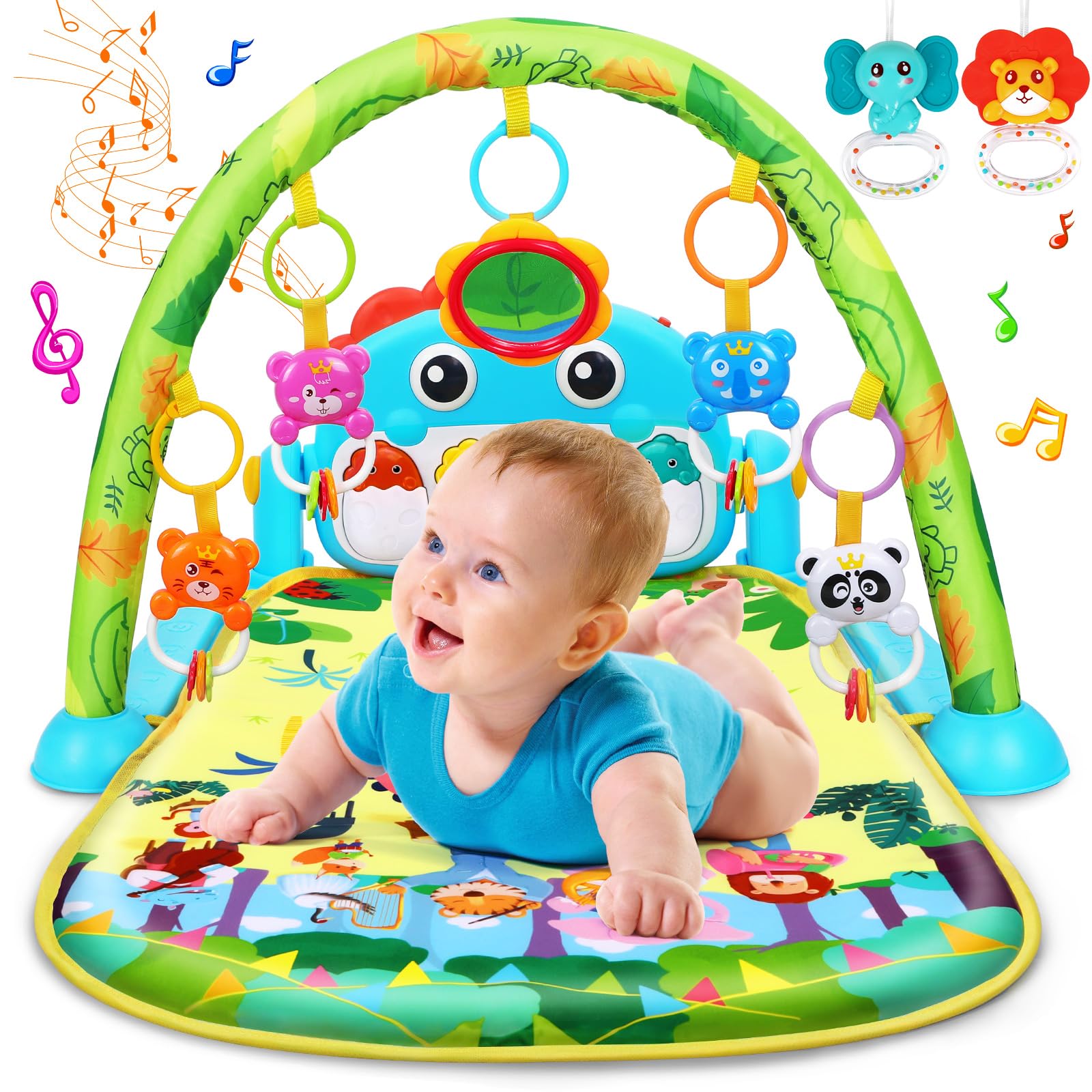 UMIKU baby play mat with dinosaur arch and rattles boosts sensory play