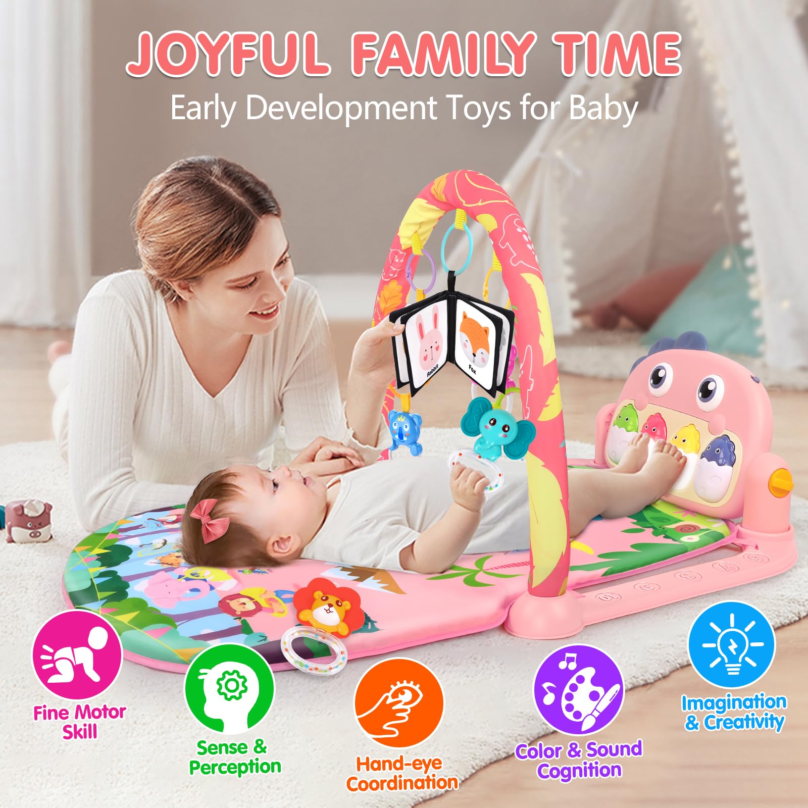 UMIKU pink dinosaur play mat with high-contrast books for visual tracking