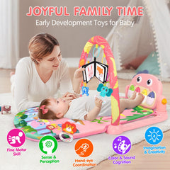 UMIKU pink dinosaur play mat with high-contrast books for visual tracking