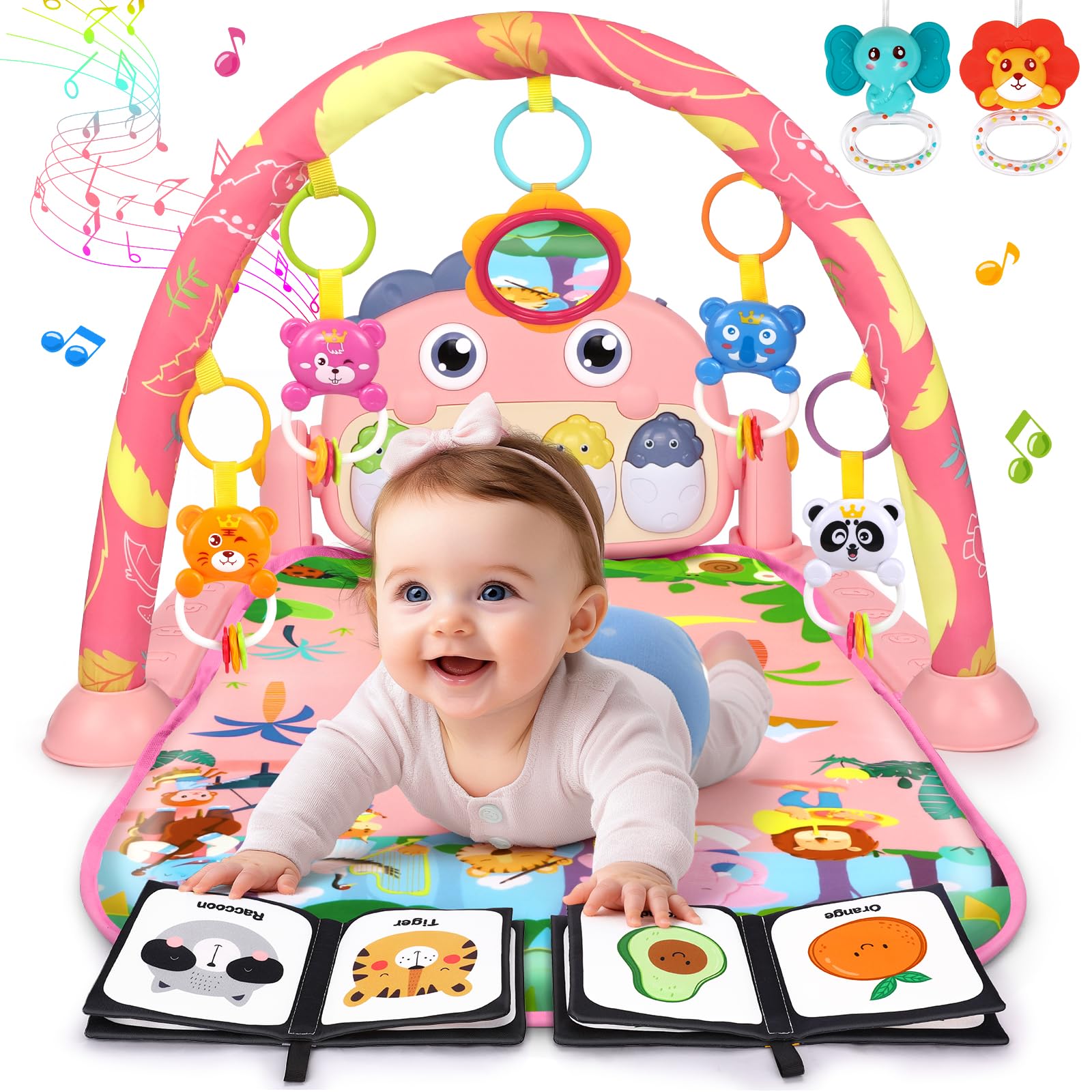 UMIKU Baby Play Mat pink dinosaur arch with hanging toys for early exploration
