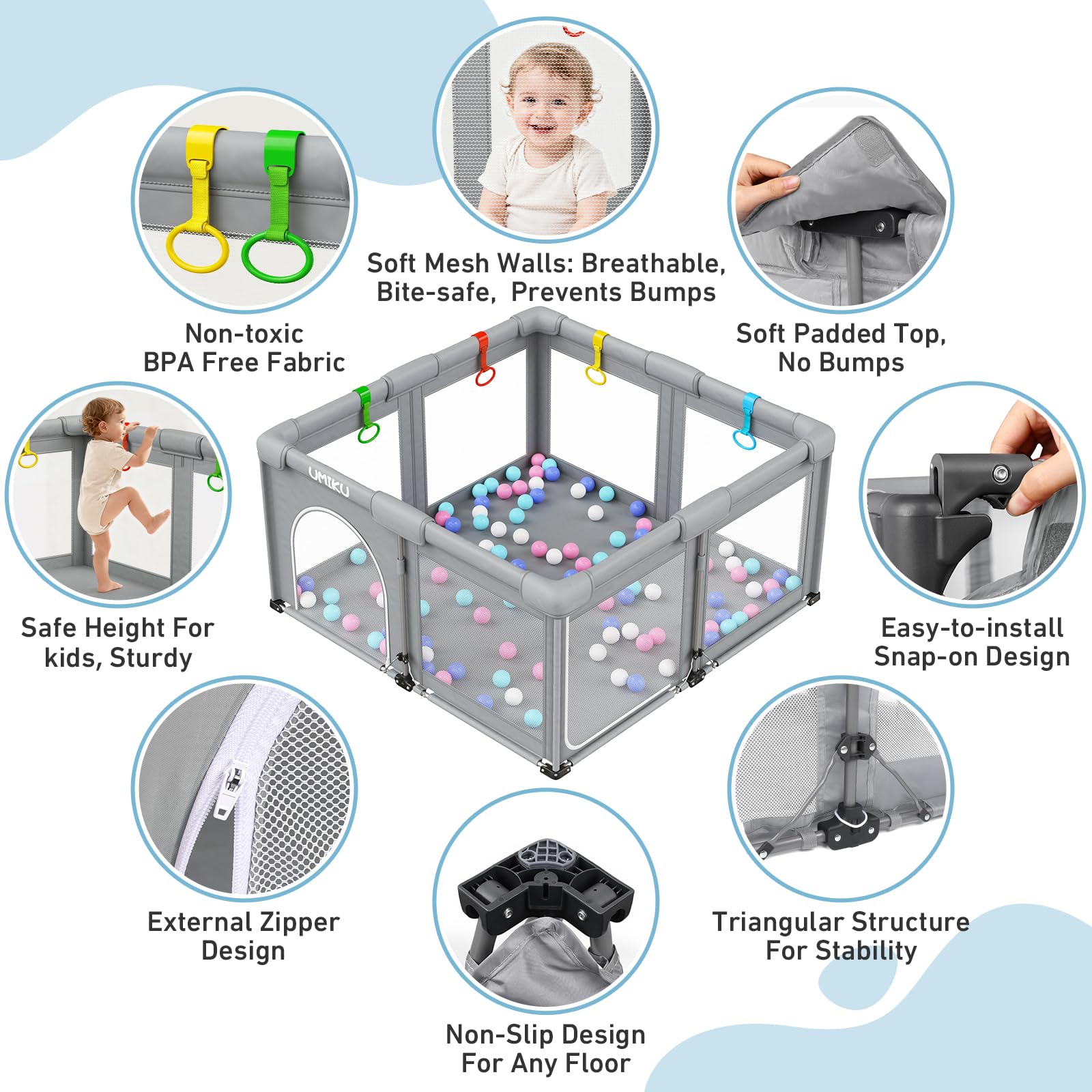UMIKU playpen includes hanging rings for reach-and-grab play
