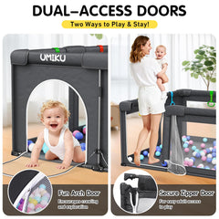 UMIKU playpen dual-access arch and zip door for simple entry.