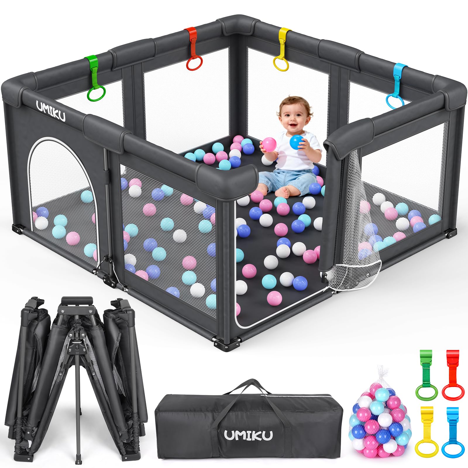 UMIKU baby playpen foldable with open doors for safe, easy access.