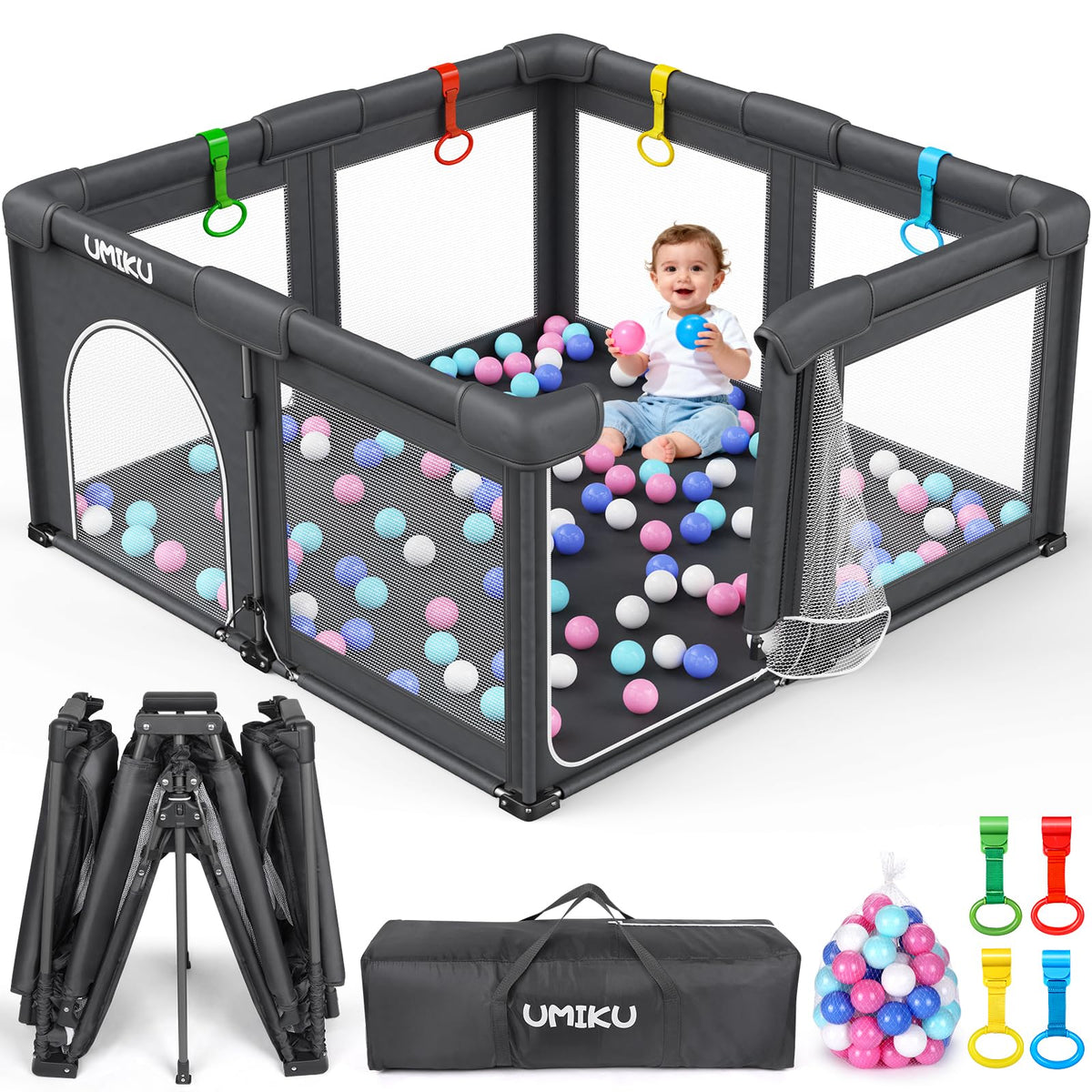 UMIKU baby playpen foldable with open doors for safe, easy access.