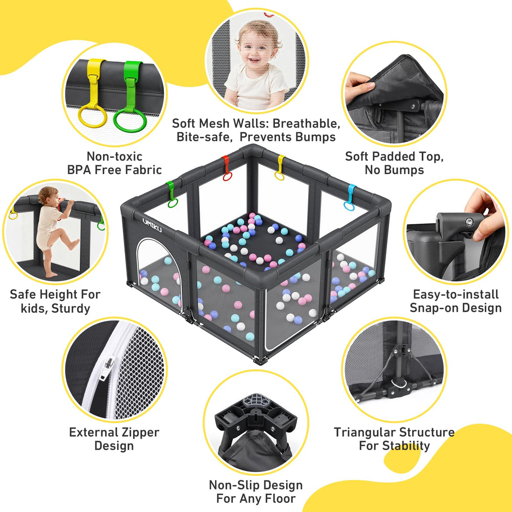 UMIKU playpen with four grab handles to support balance.