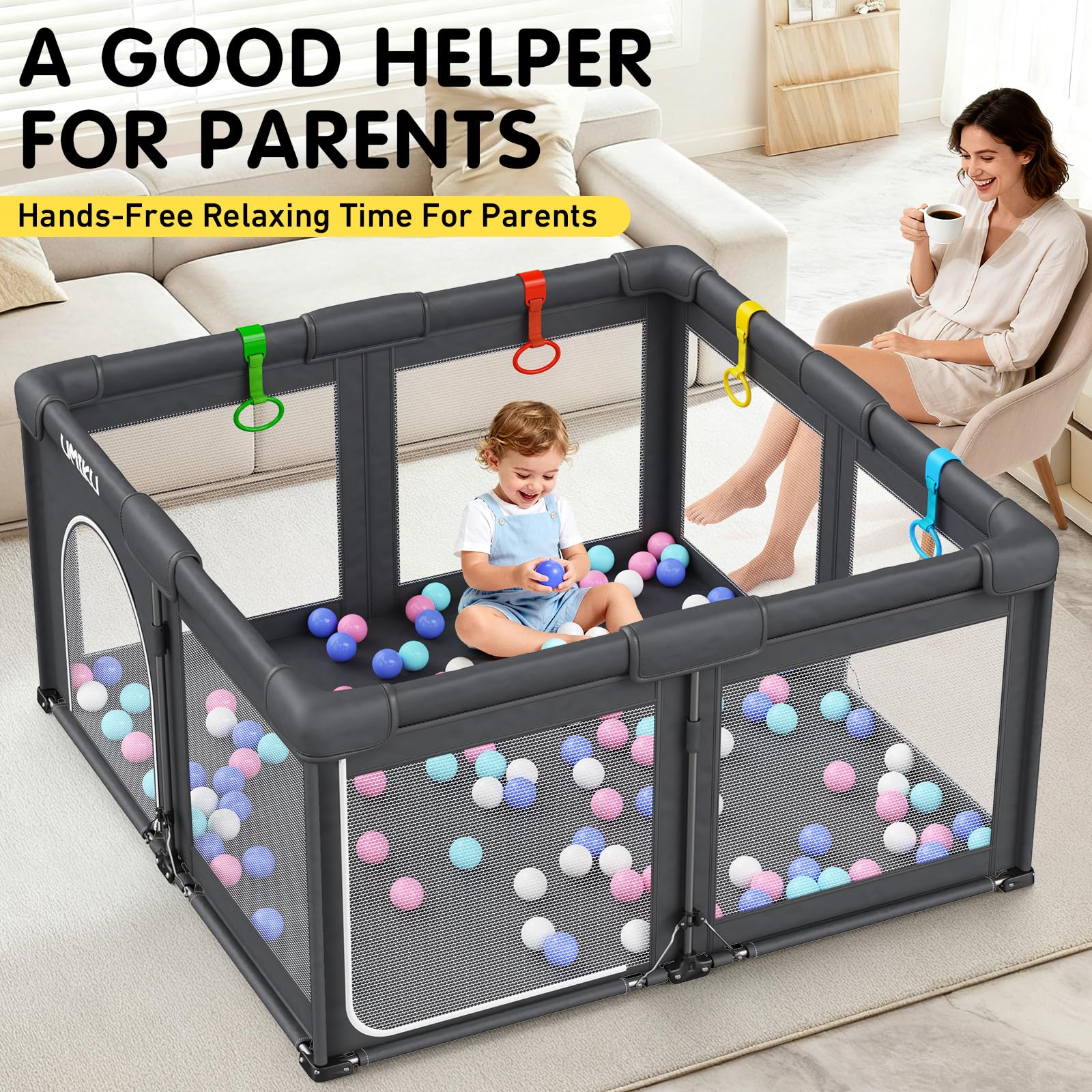 UMIKU playpen mesh sides offer clear visibility for supervision.