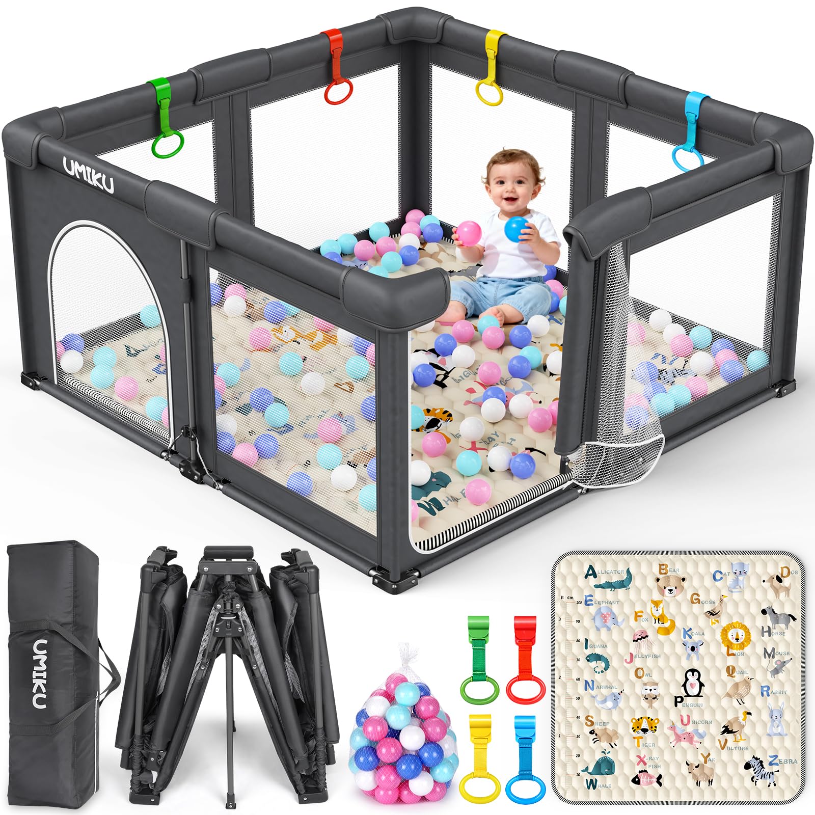 UMIKU Baby Playpen set-up view with safe mesh for easy monitoring
