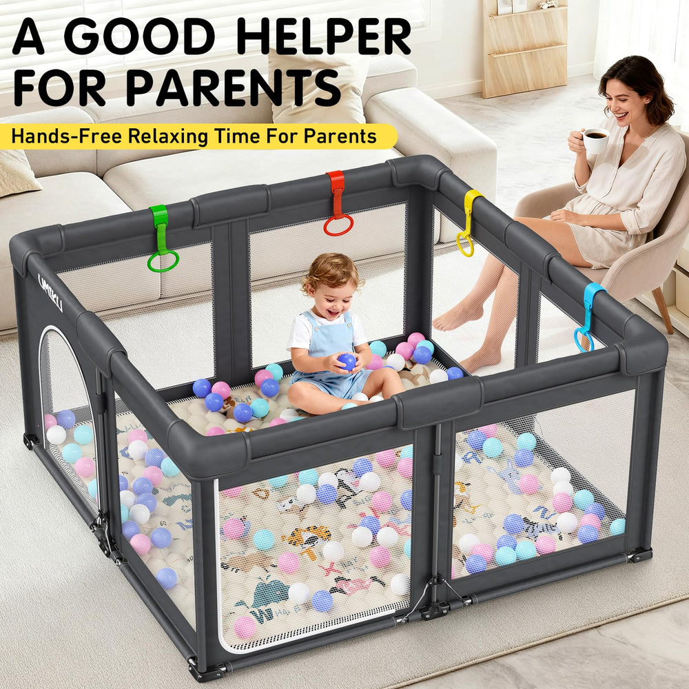 UMIKU Baby Playpen side-view shows sturdy frame and safety height