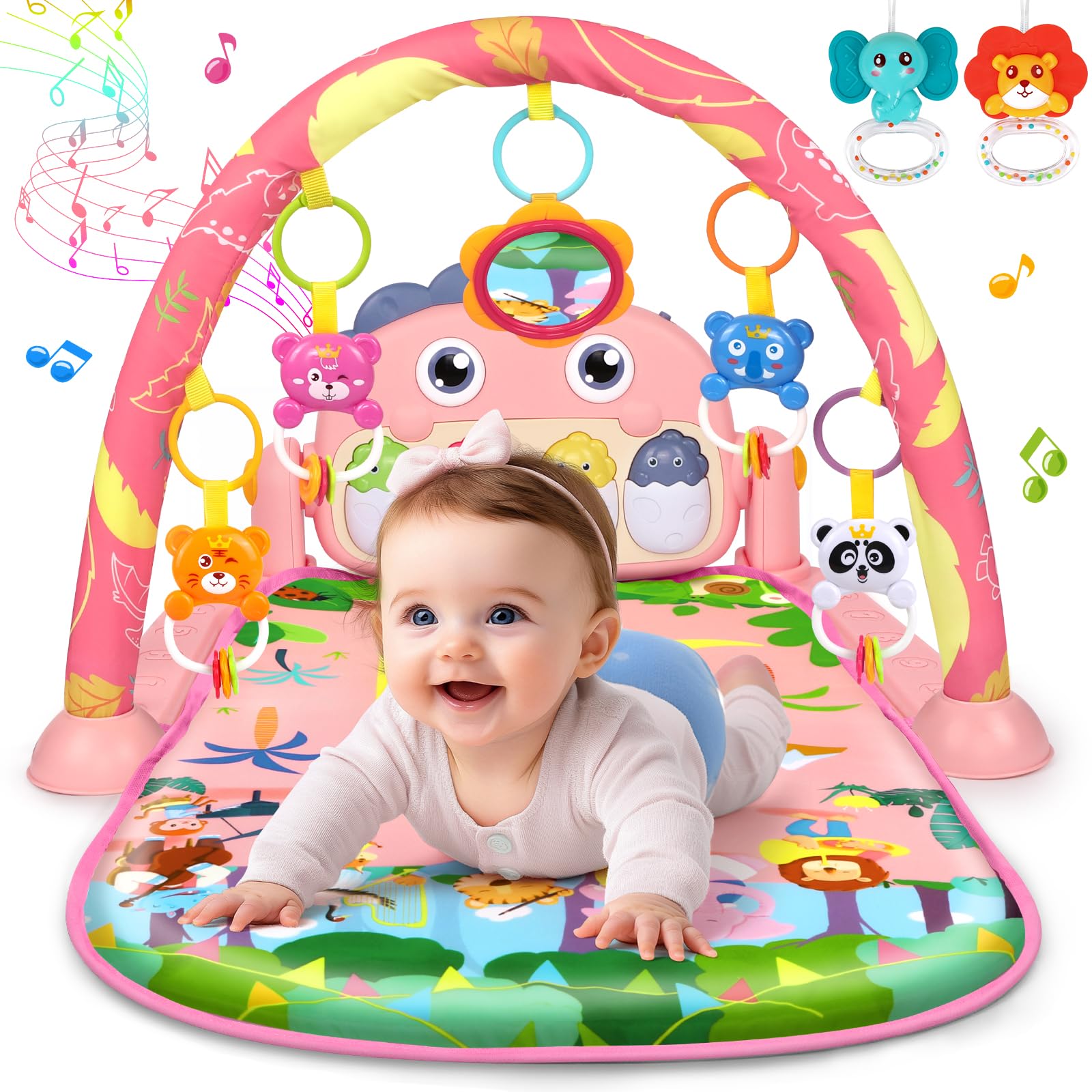 UMIKU pink dinosaur play mat arch with bright colors for tummy time and grabbing practice.