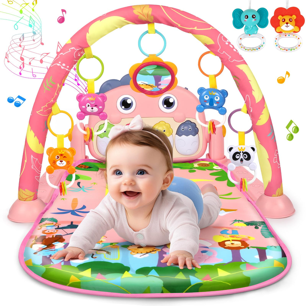 UMIKU pink dinosaur play mat arch with bright colors for tummy time and grabbing practice.