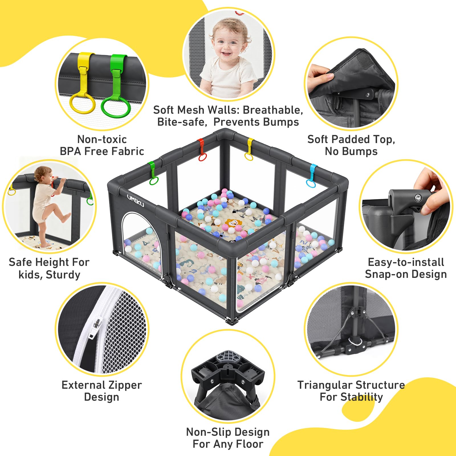 UMIKU Playpen non-slip base keeps it secure on diverse floors