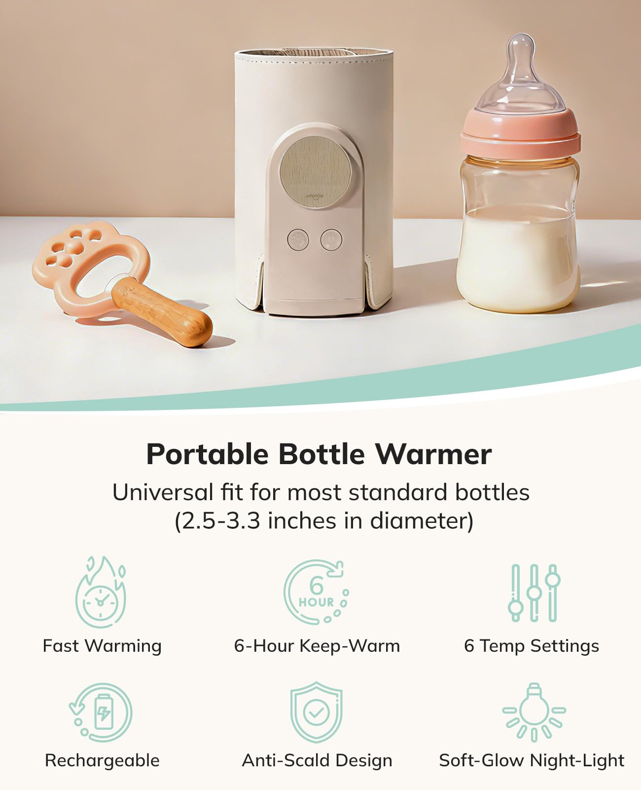 Umimile bottle warmer with 6 temperature settings for precise warming.