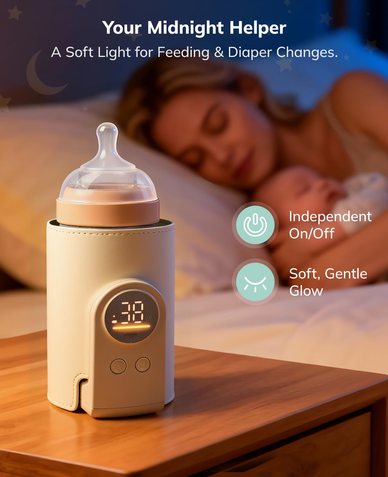 Soft night light aids late-night feeding without harsh glare.