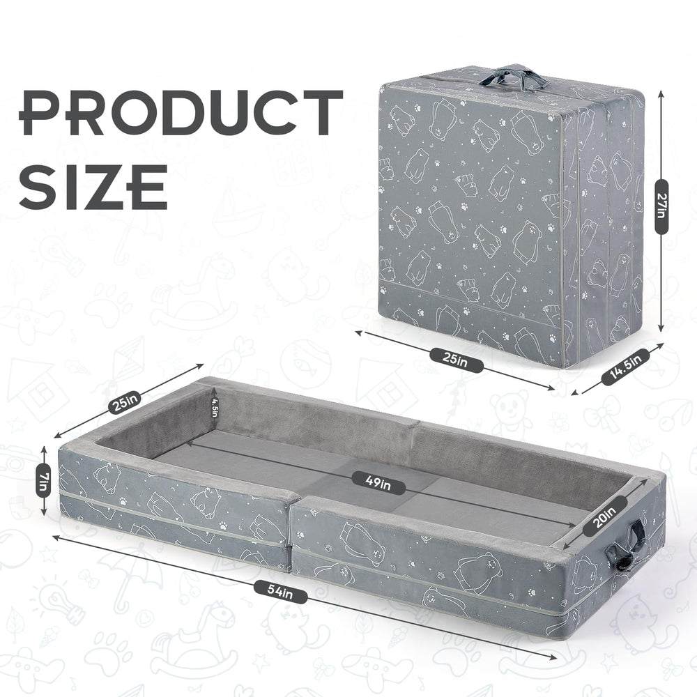 Umoving toddler bed with built-in rails for safer sleep on trips.