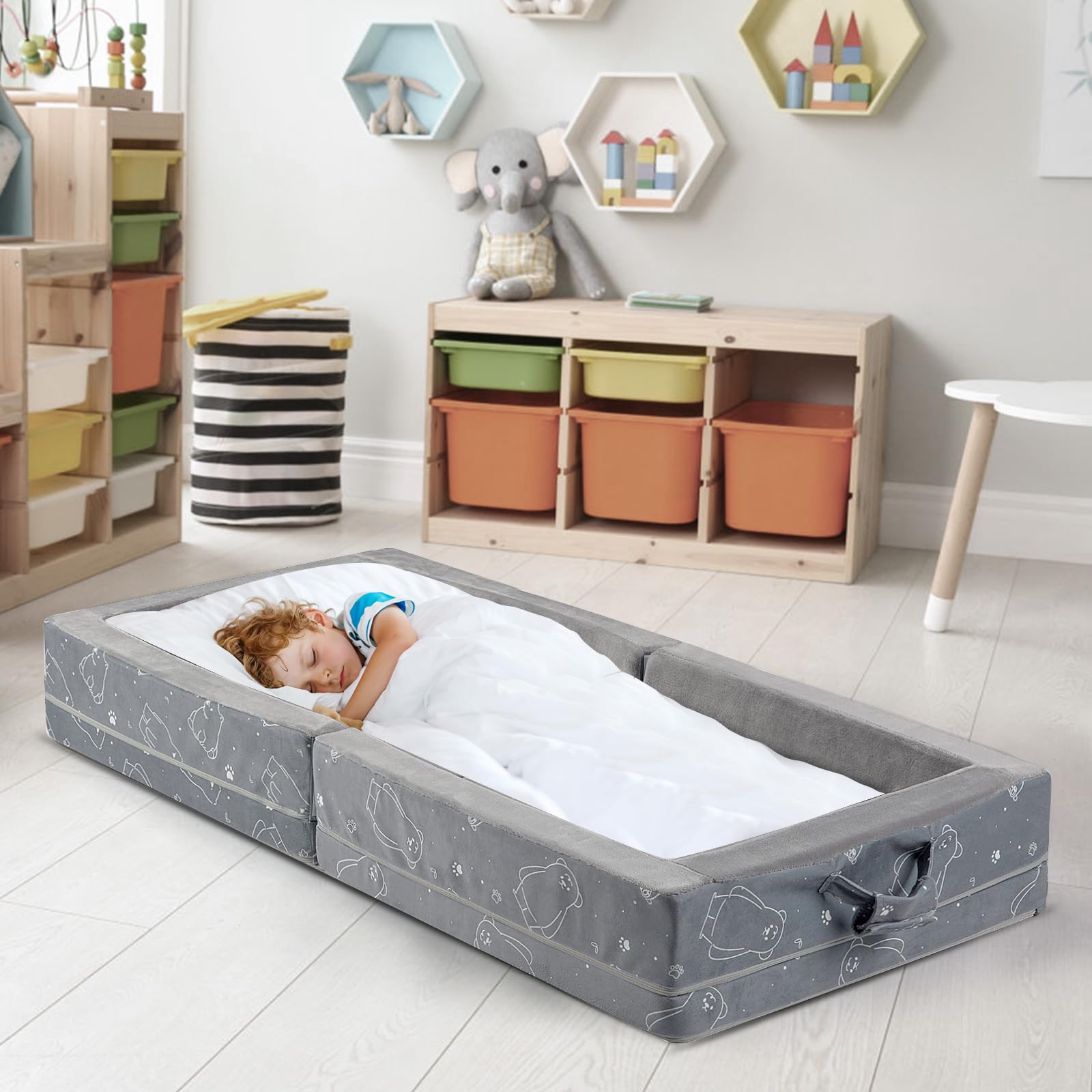 Umoving bed folds neatly for travel and hotel stays.