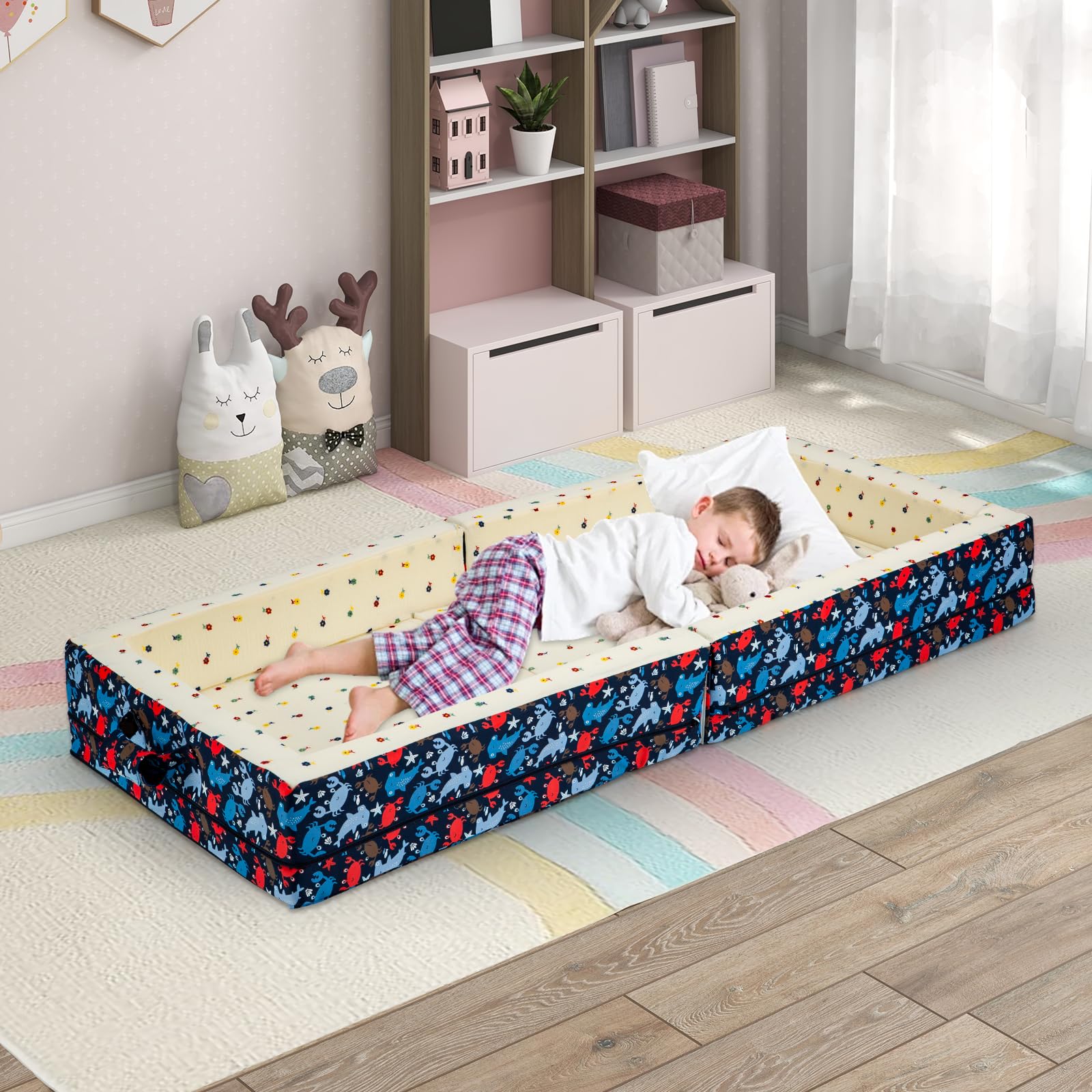 Umoving ocean blue bed ready for hotel or daycare use.