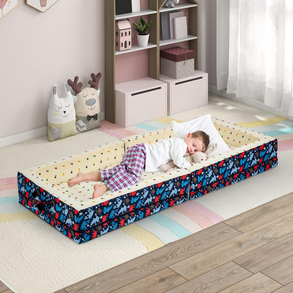 Umoving ocean blue bed ready for hotel or daycare use.