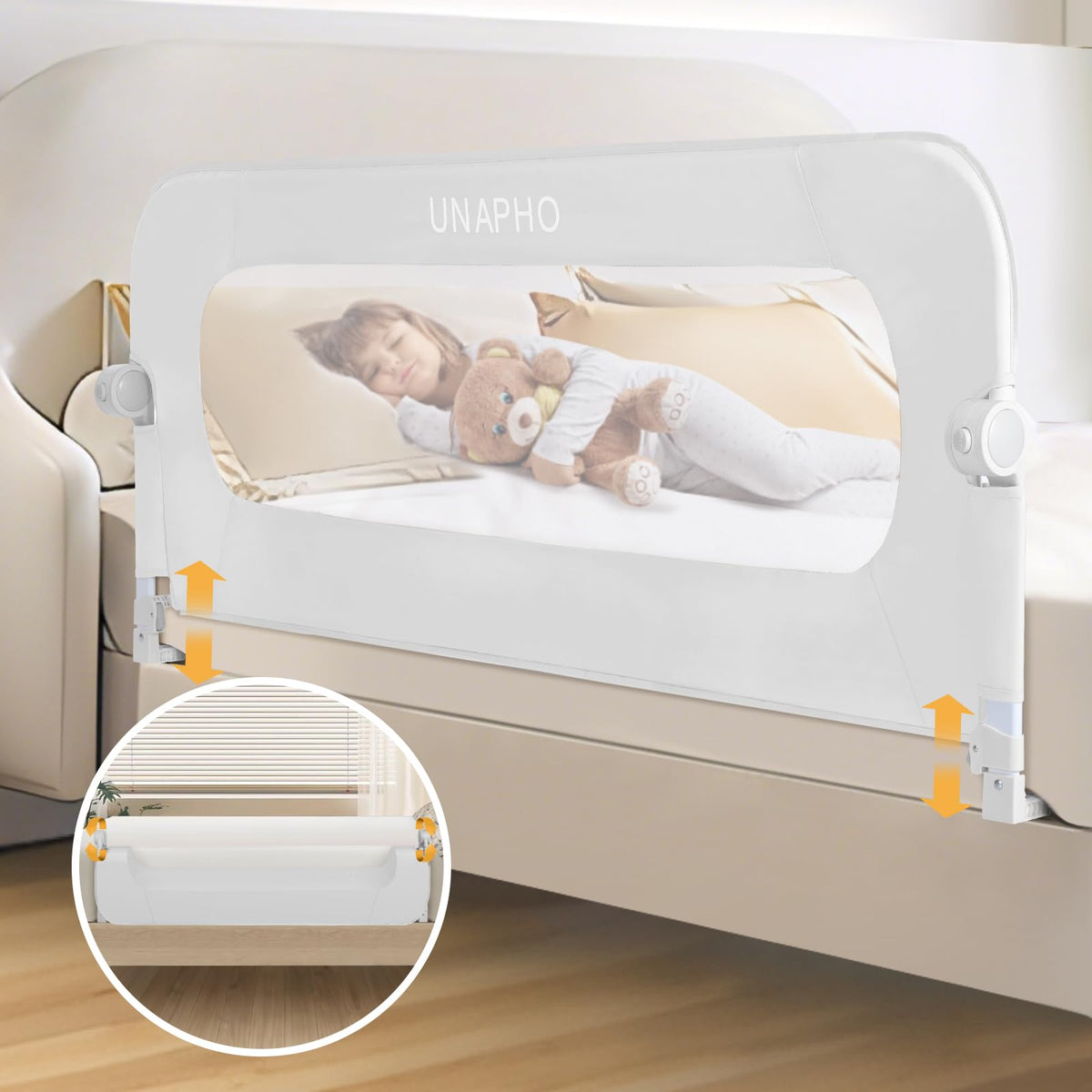 UNAPHO bed rail for toddlers with swing-down design for easy bed entry and safety