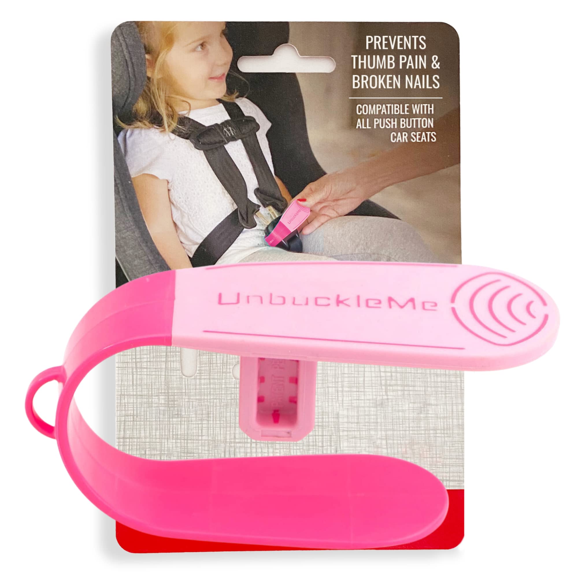 UnbuckleMe pink buckle release tool showing easy leverage for parents