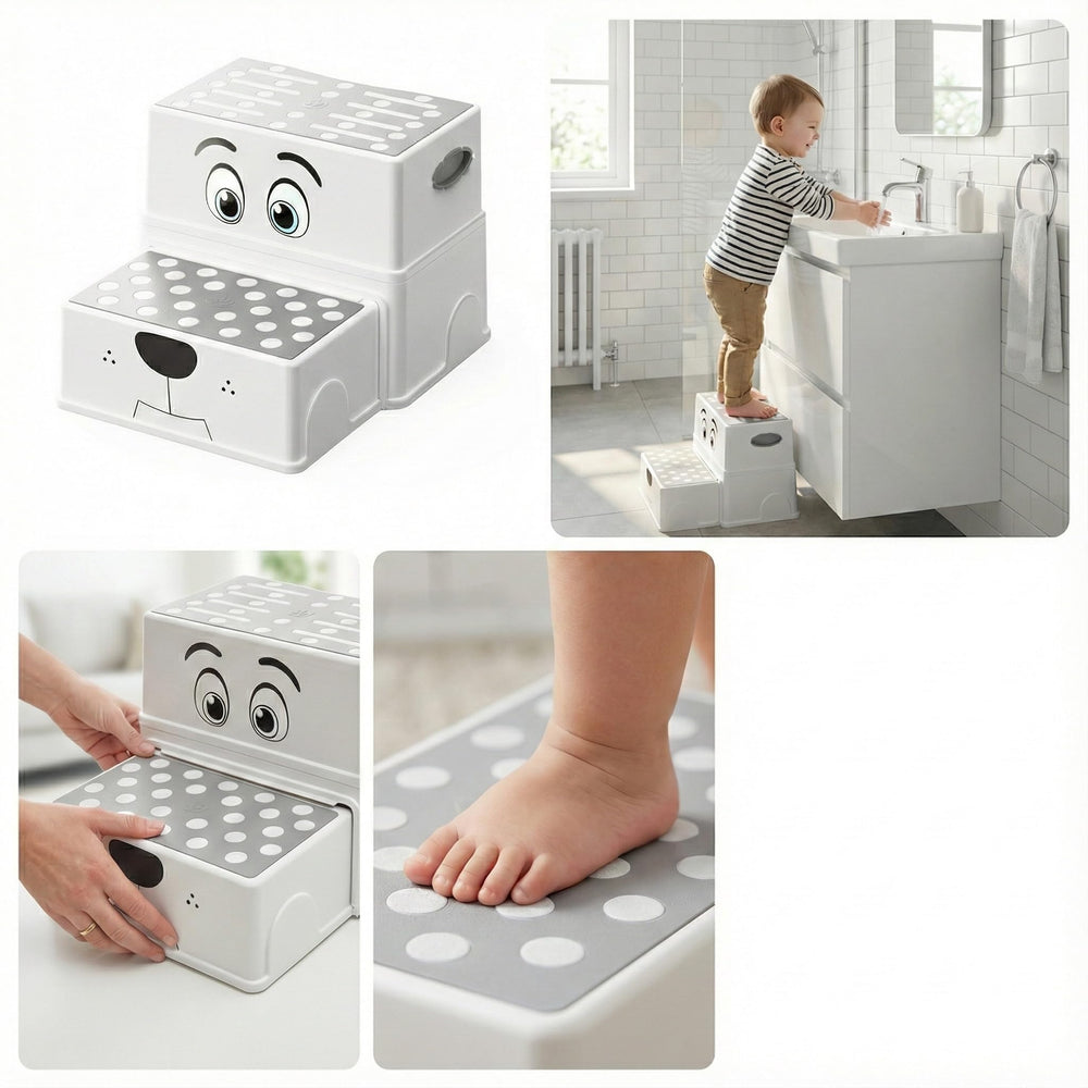 Uncle Wu 2-Step Stool with rubber feet prevents slipping on tile floors.
