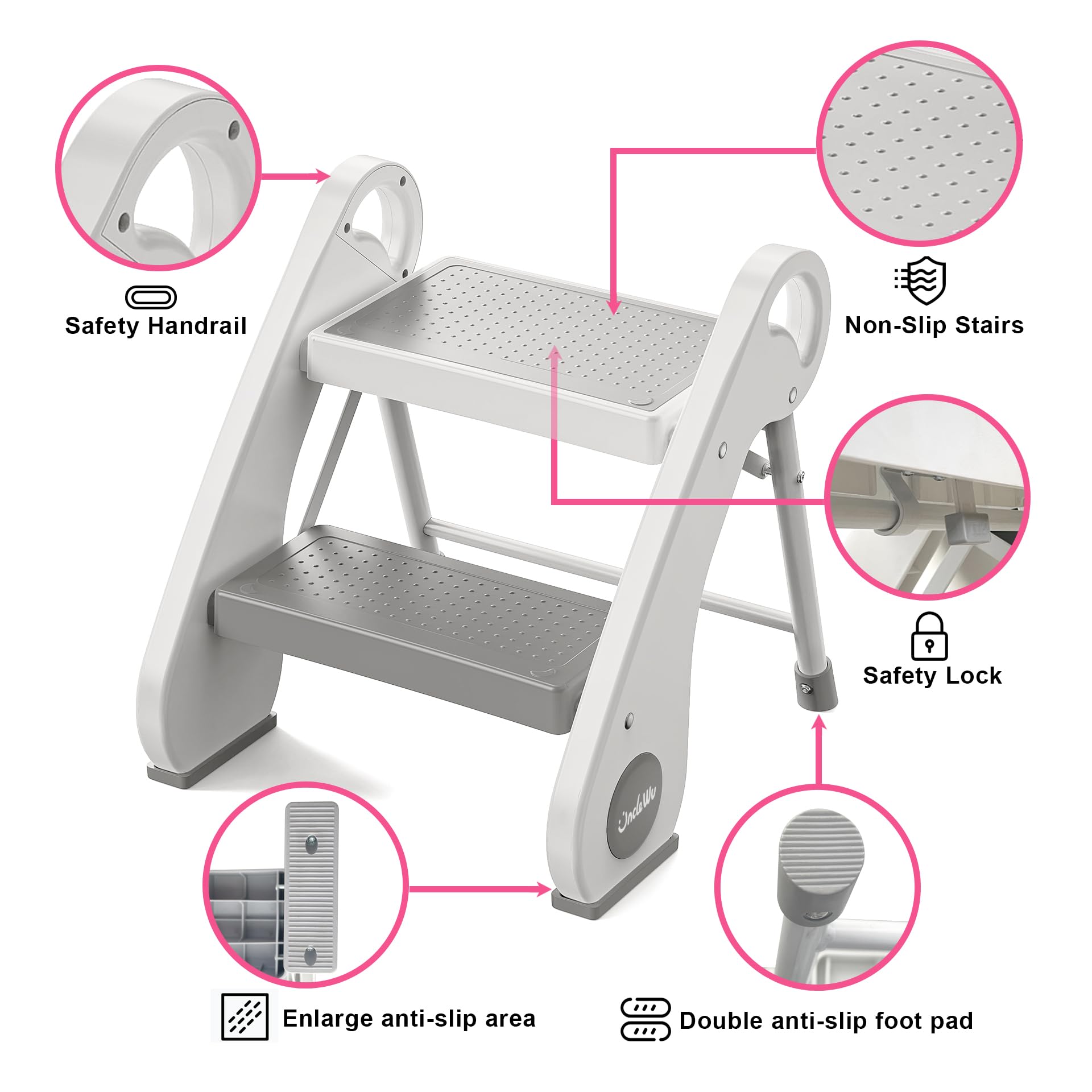 UNCLE WU stool showing textured anti-slip steps and rubber feet.