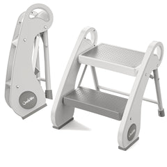 UNCLE WU foldable two-step stool beside bathroom sink for easy hand washing.