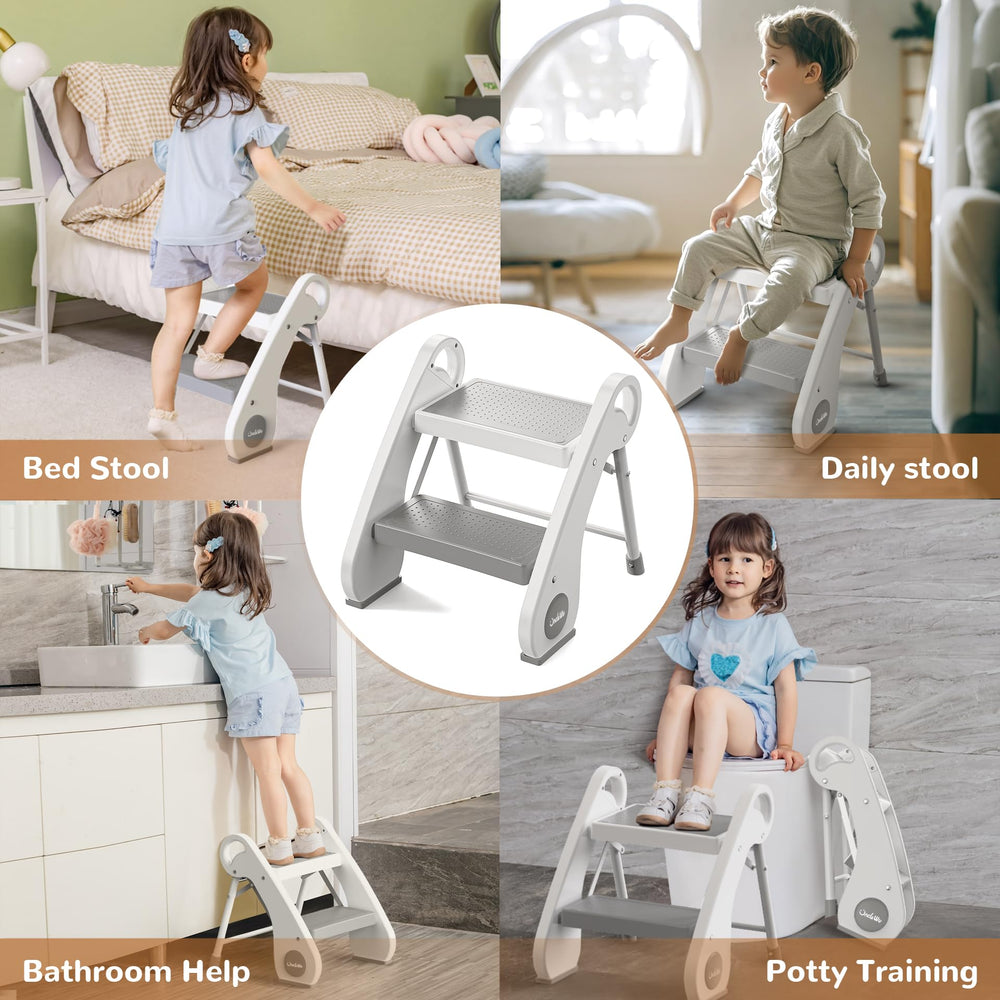 UNCLE WU foldable stool folded compactly between toilet and vanity.