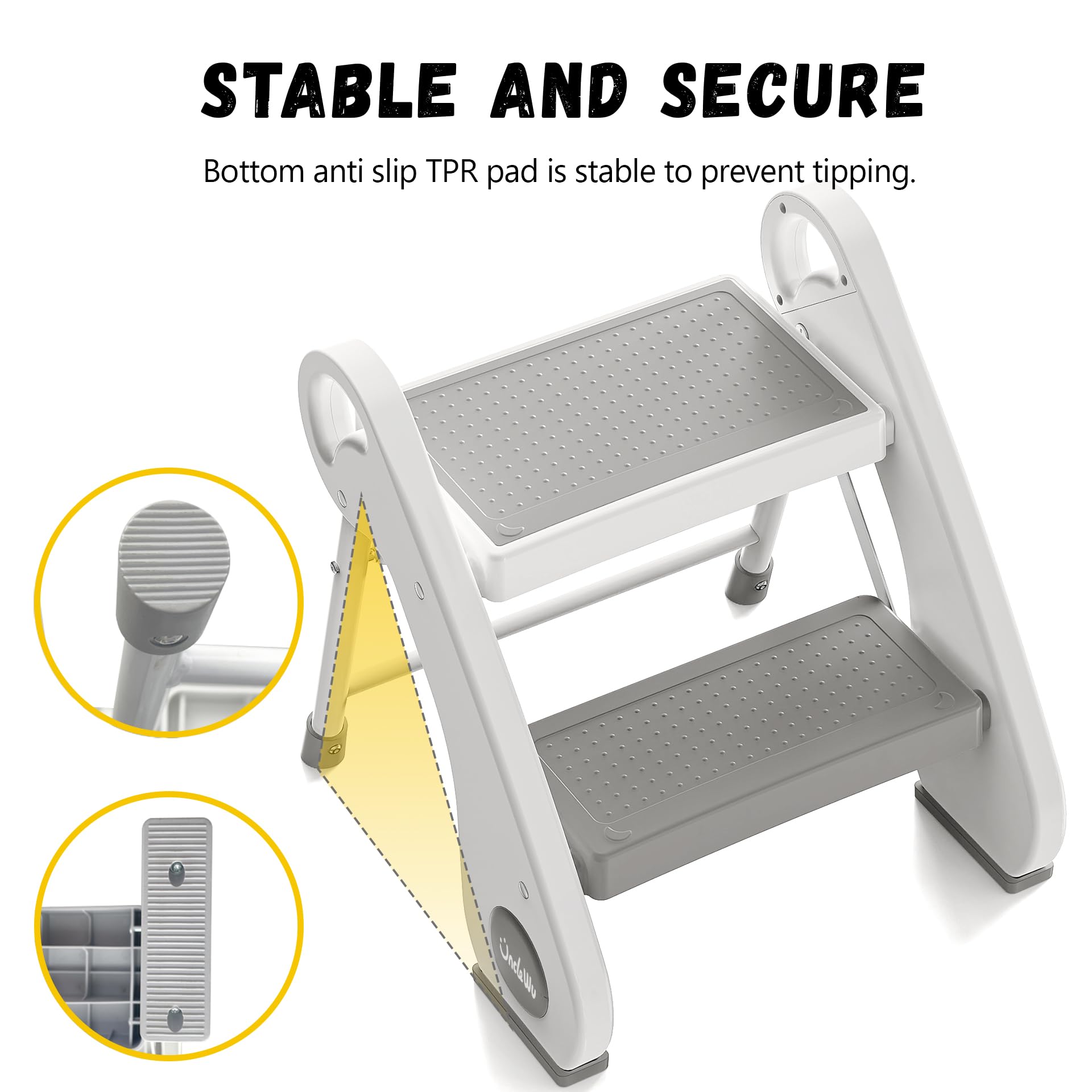 UNCLE WU foldable two-step stool opened on kitchen counter for reach tasks.