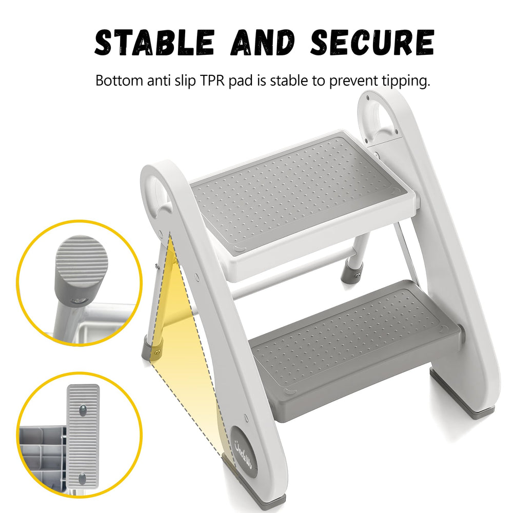 UNCLE WU foldable two-step stool opened on kitchen counter for reach tasks.