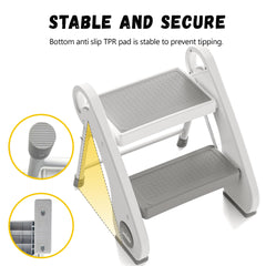 UNCLE WU foldable two-step stool opened on kitchen counter for reach tasks.