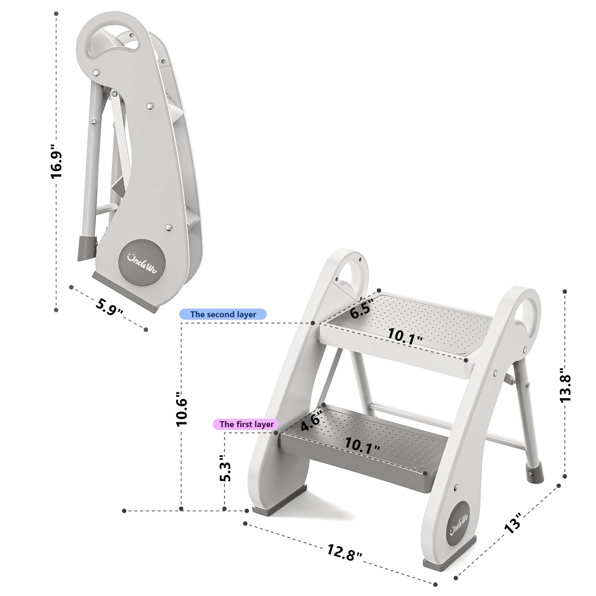 UNCLE WU foldable two-step stool next to toilet for potty training.
