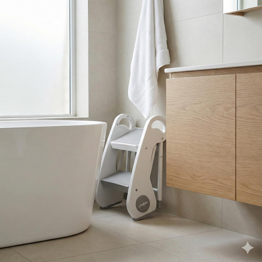 UNCLE WU space-saving stool stored between sink and vanity.