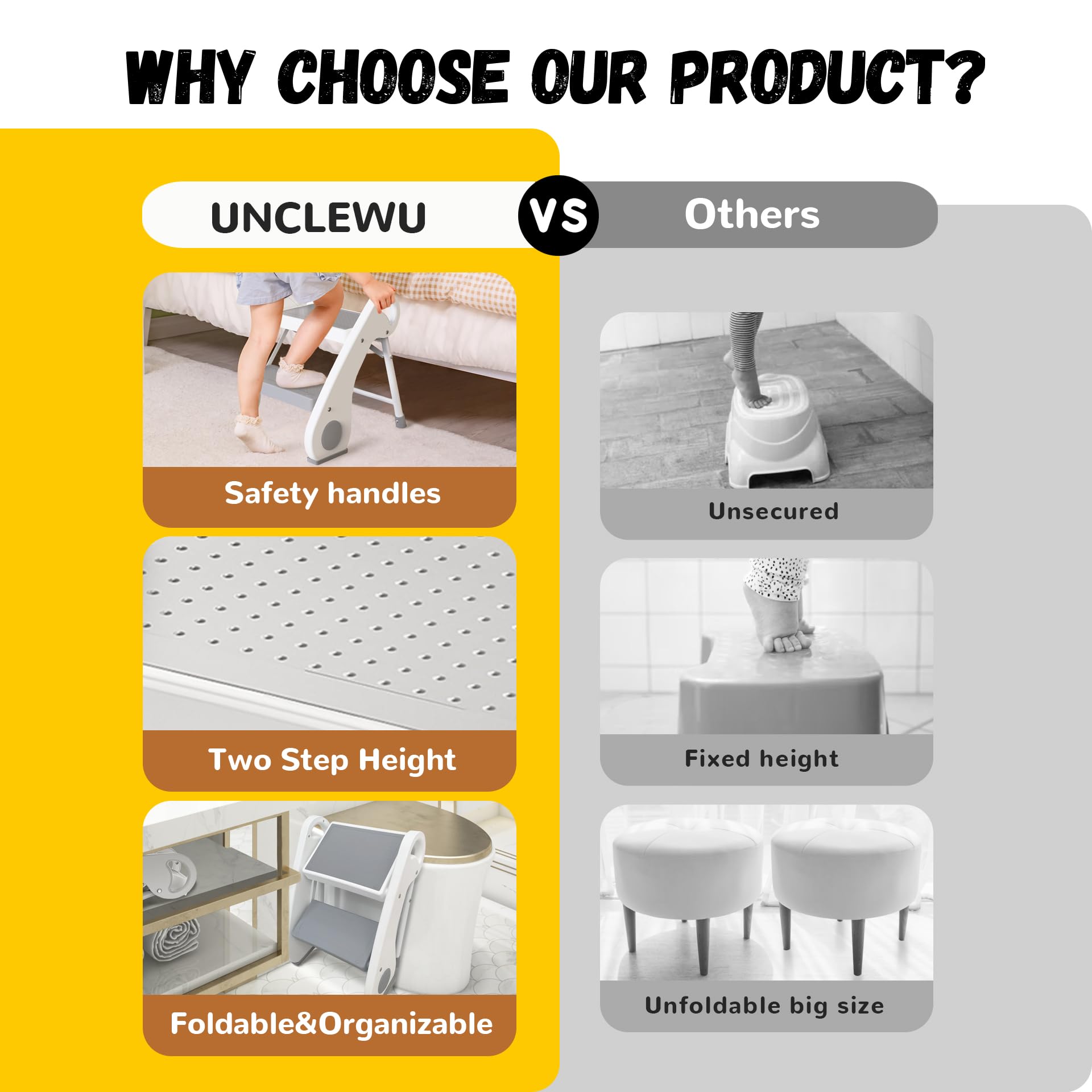 Sturdy UNCLE WU steel-frame two-step stool in use by an adult and child.