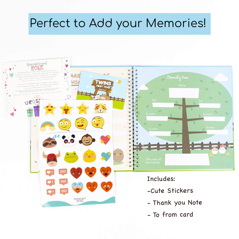 Unconditional ROSIE twins memory book inside pages — organized sections for milestones