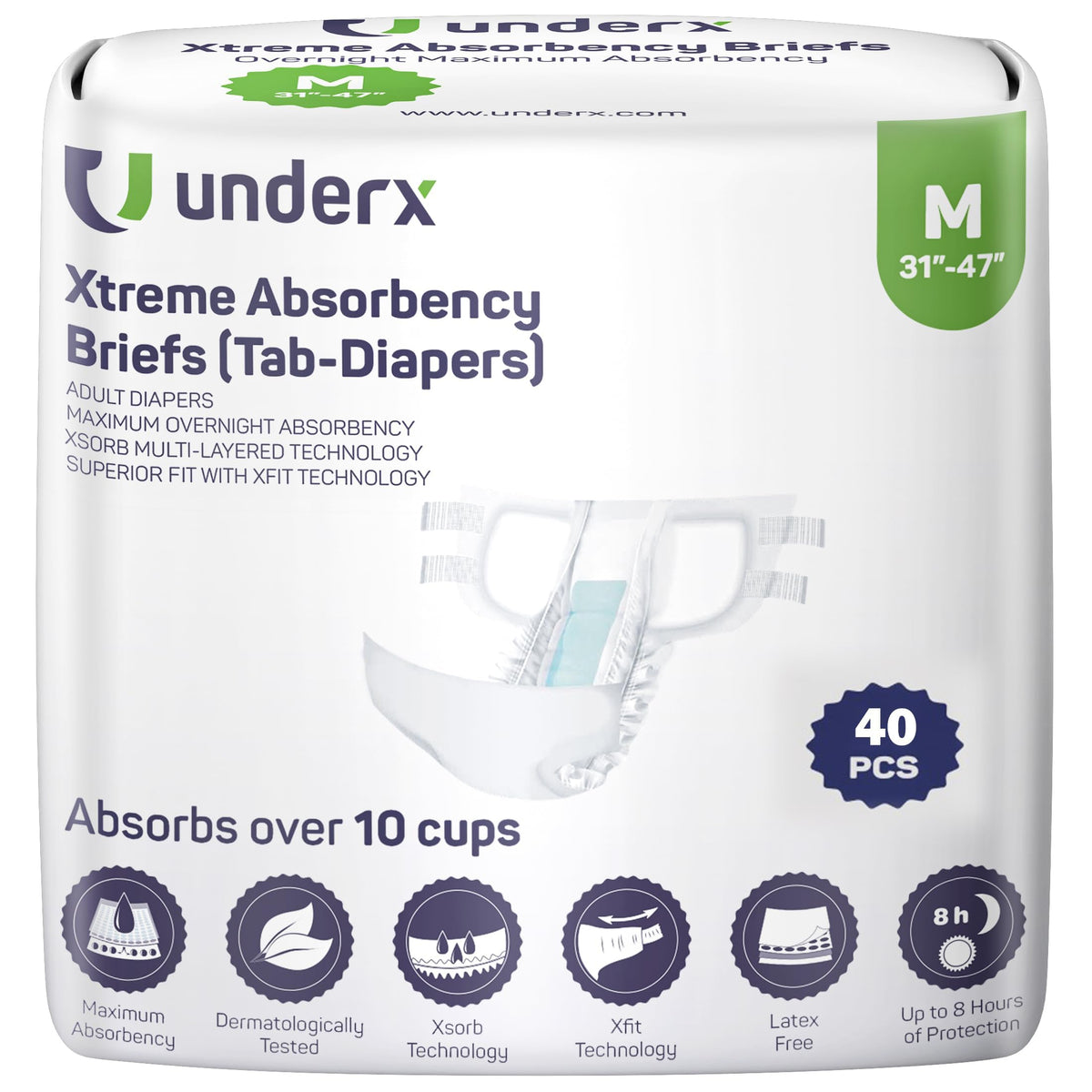 UnderX Xtreme Absorbency Briefs pack front view for all-night protection.