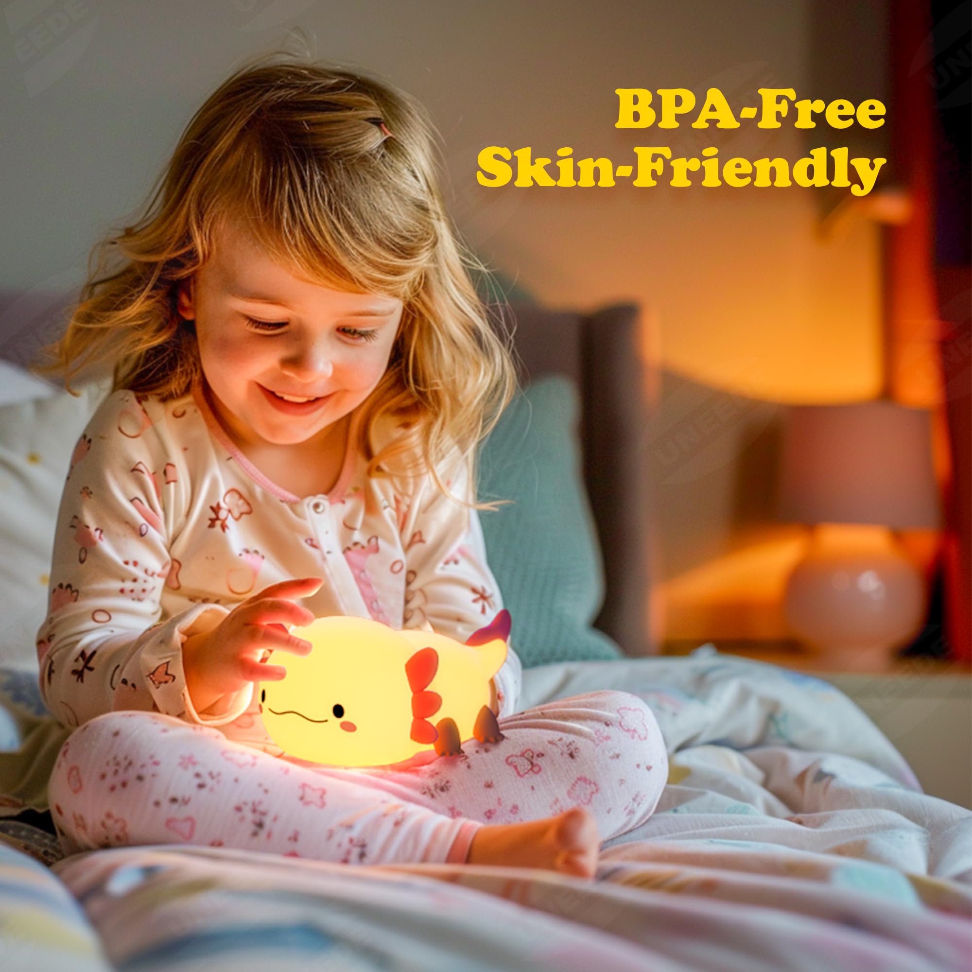 UNEEDE dimmable axolotl light with two brightness levels for cozy evenings.