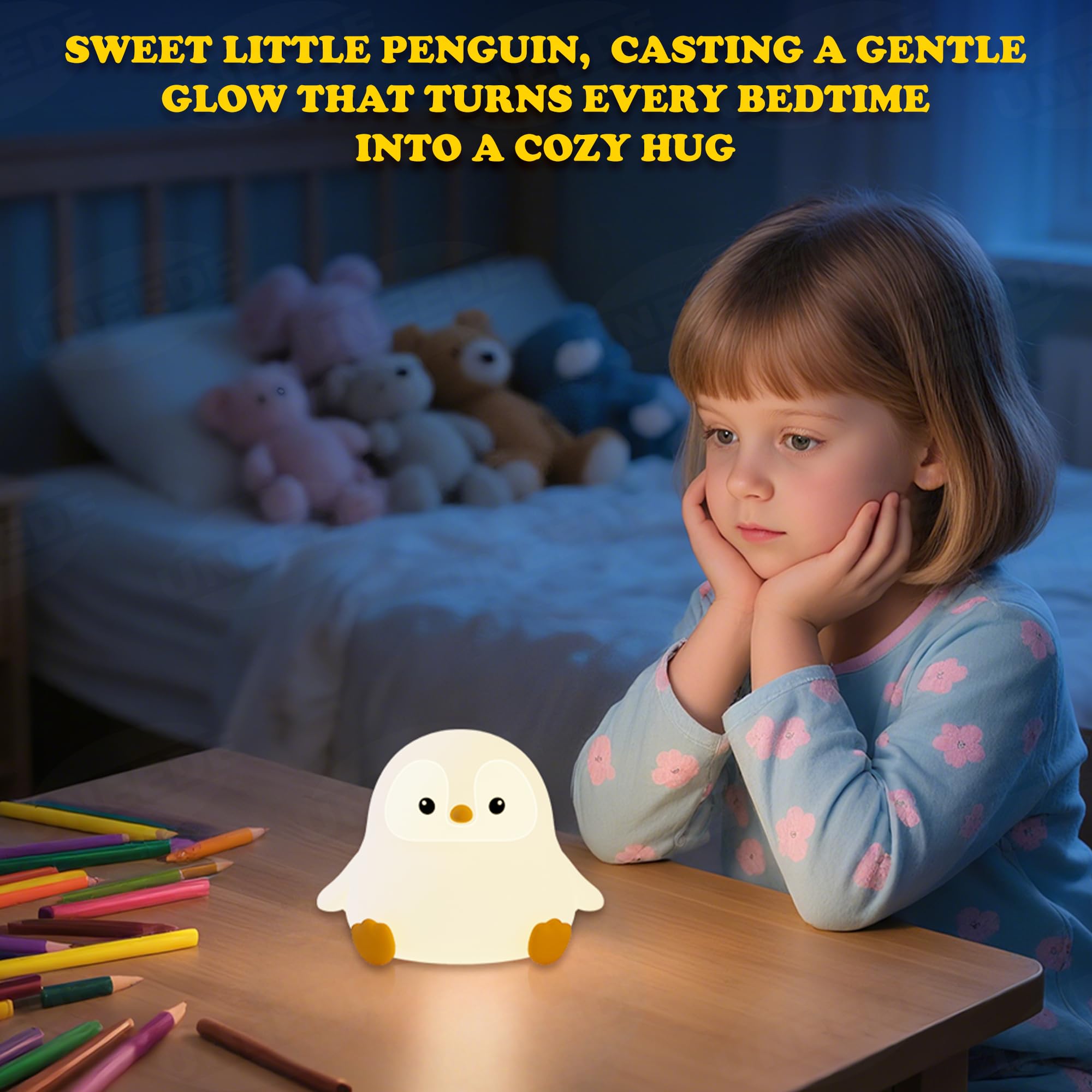 UNEEDE penguin night light USB rechargeable for portable nursery lighting.