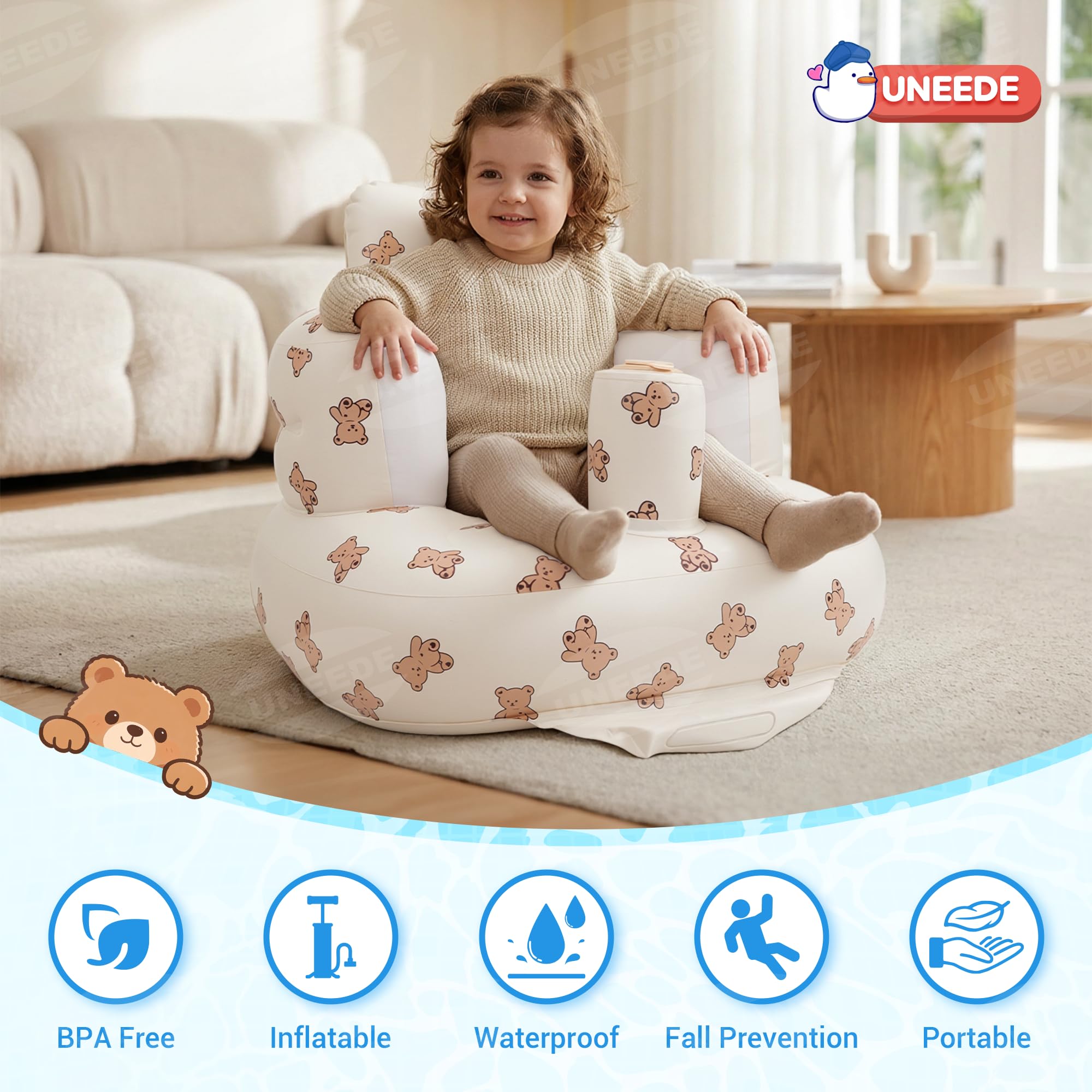 UNEEE travel-friendly baby seat ideal for home, beach, and camping trips.