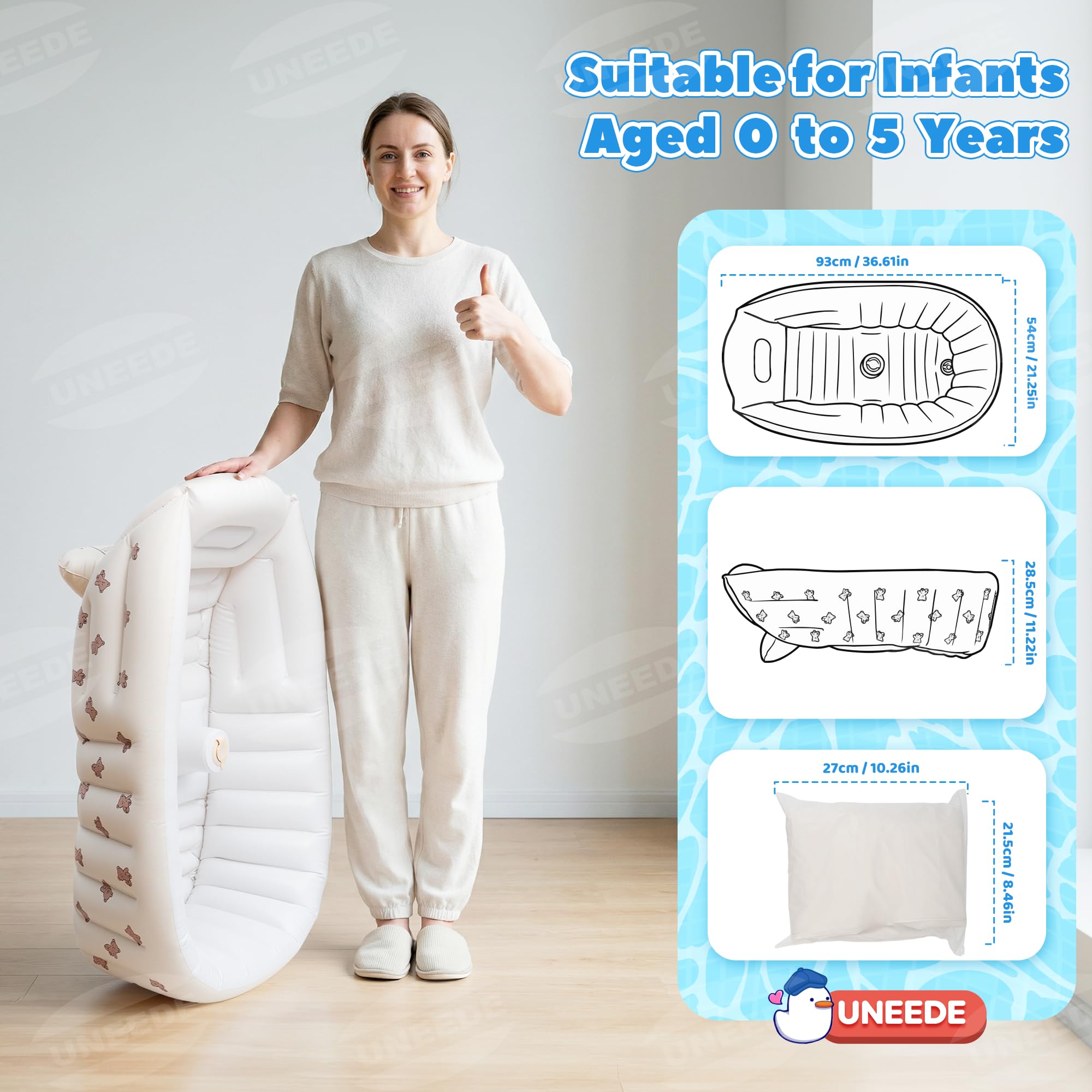 UNEEDE inflatable tub inflates in about two minutes with built-in air column.