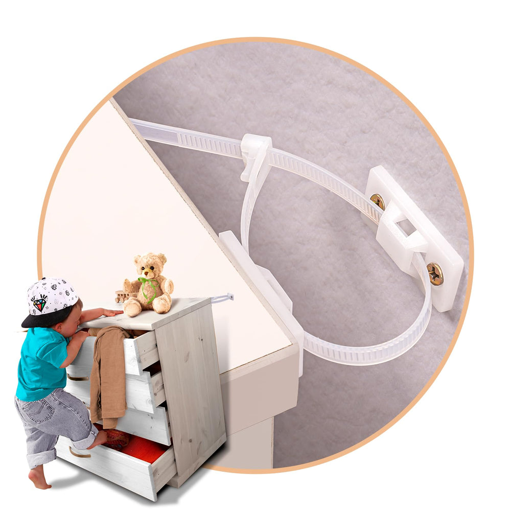 Unichild furniture anchors in use securing a dresser to the wall for child safety.