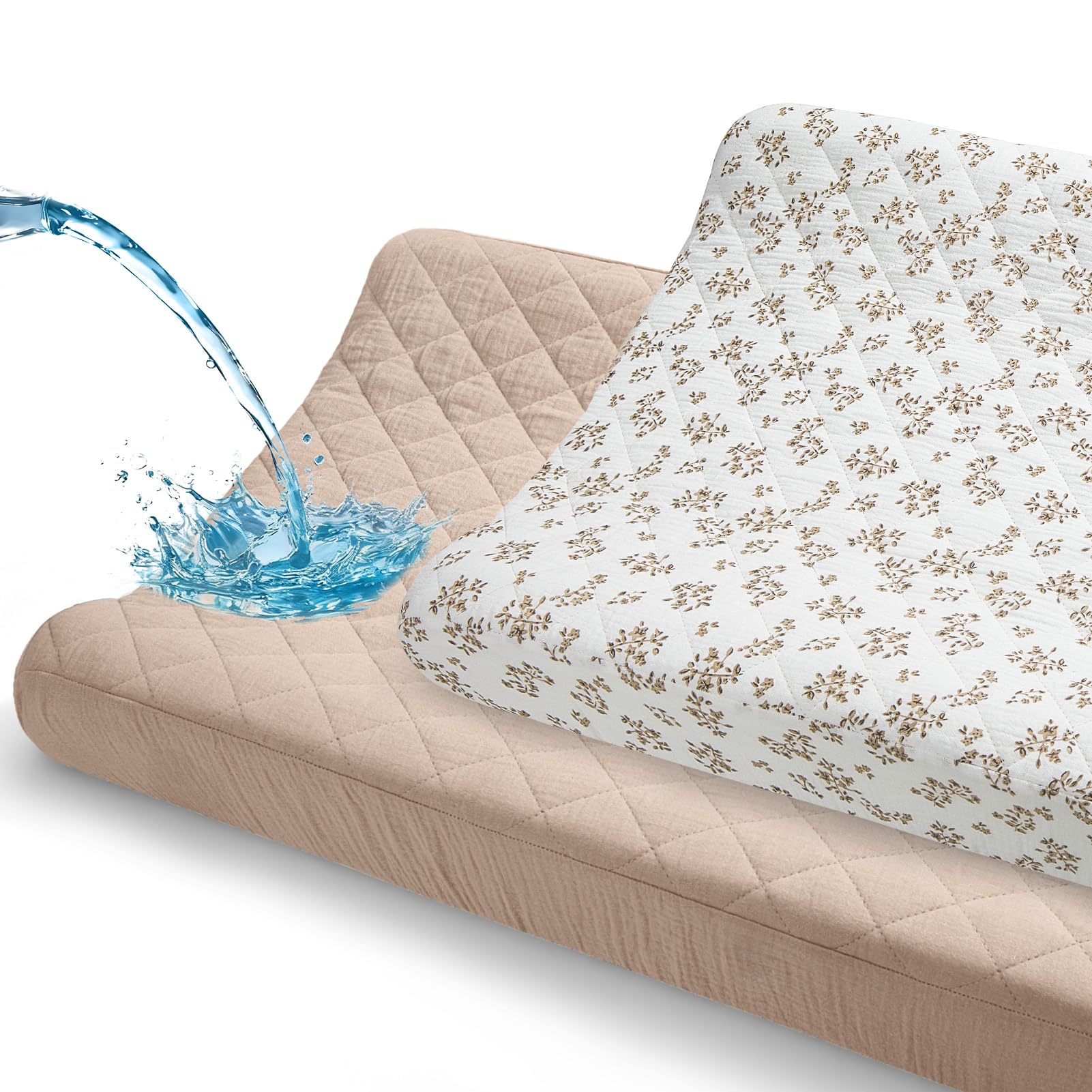 Unicorn Castle changing pad cover with muslin top layer, soft and absorbent for gentle diaper changes.